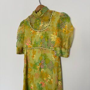 RARE 60s Chiffon and velour psychedelic hippie puff sleeve maxi dress / sz S